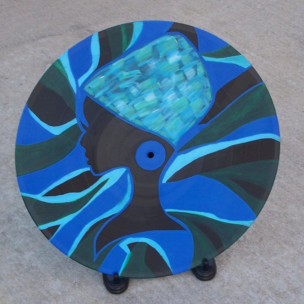 Handmade Painted Record with Lady in Hat Blue Green Black Upcycled Abstract